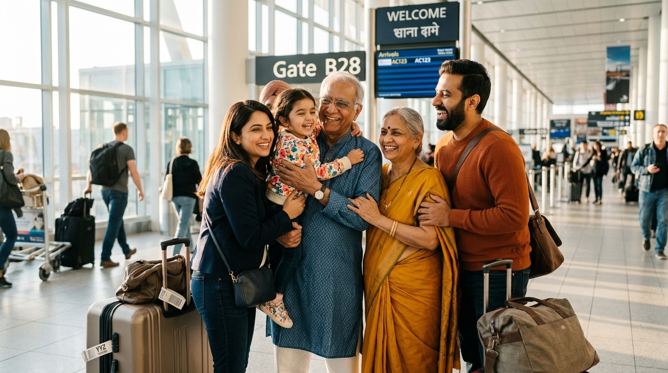 An Indian Canadian family greeting each other at an airport