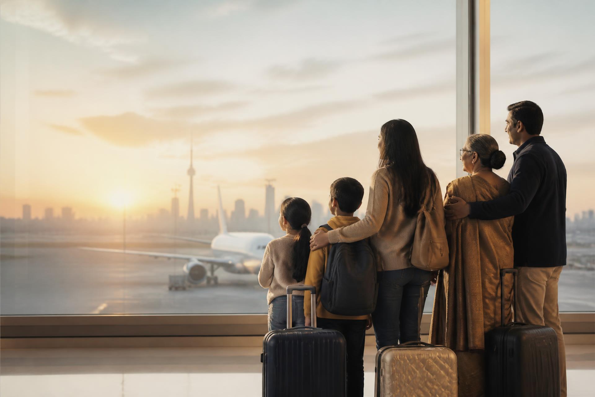 A family looking out at a plane before their flight to India